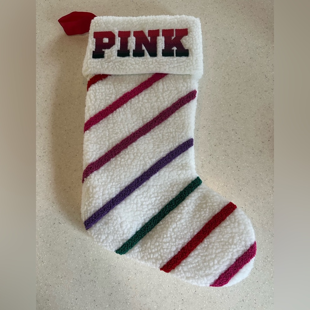 COPY - Victoria's Secret Pink Holiday Stocking, White Ombre Rainbow Stripe. NWOT